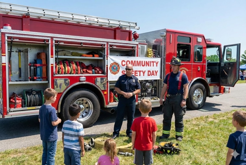 Firefighters standing by their fire truck.